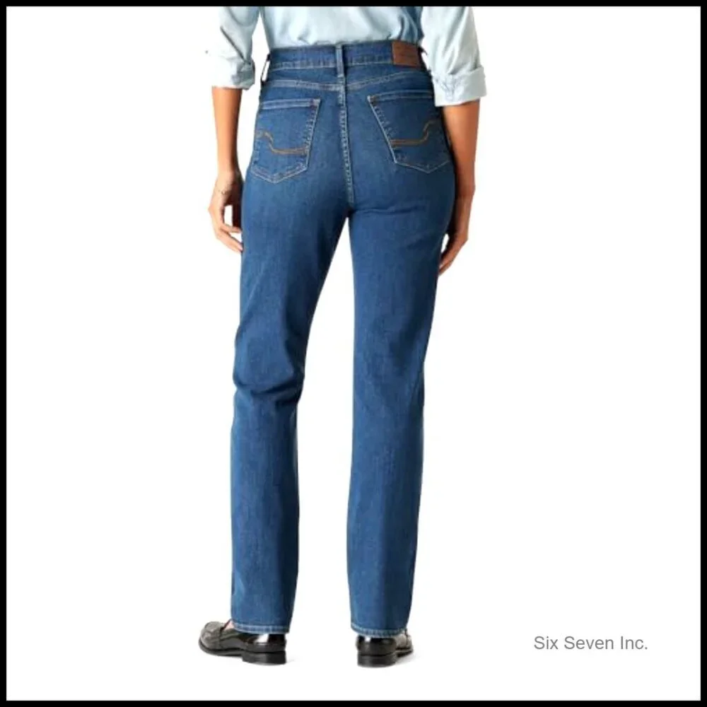 High-Rise Straight Jeans Shaping Tummy Panel Wide Leg Classic Denim